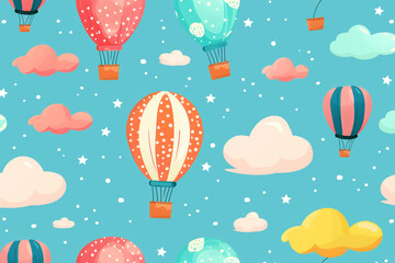 Vector illustration of a seamless pattern with hand-drawn, colorful hot air balloons and clouds, evoking a sense of childish wonder 