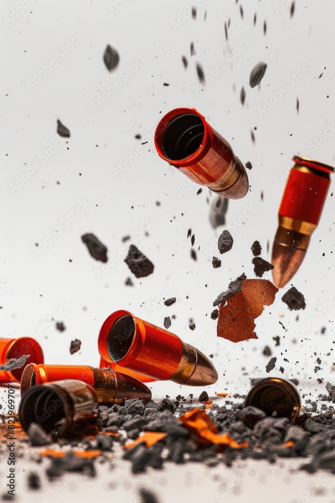 Poster Bullet shells flying through the air, suitable for action scenes