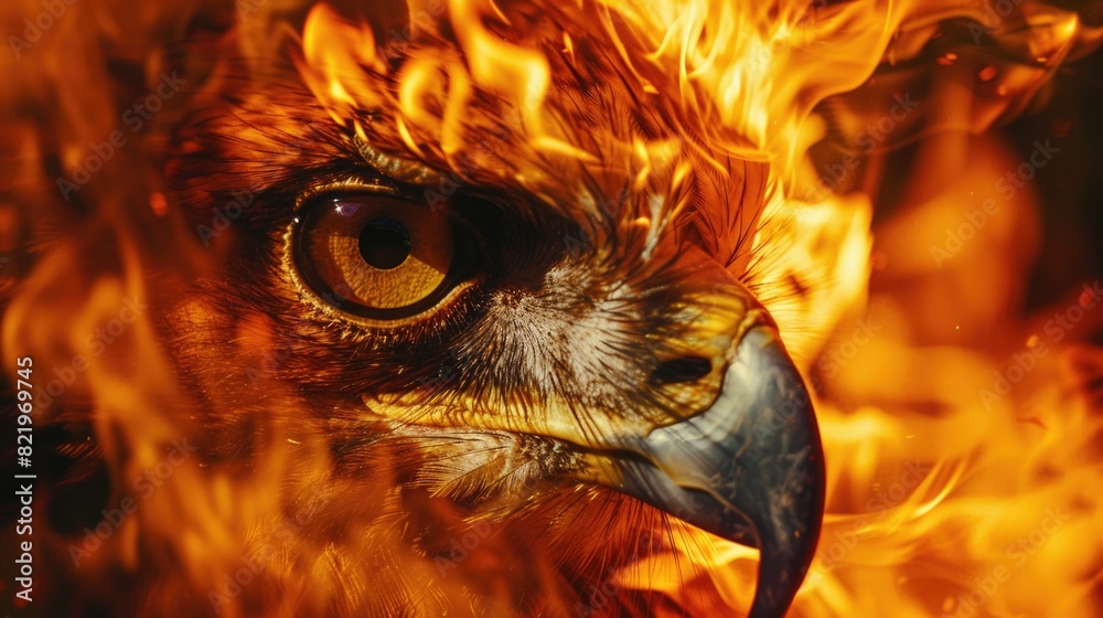 Poster A striking image of a bird of prey engulfed in flames. Suitable for dramatic and intense concepts