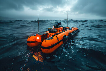 Orange autonomous underwater vehicle floating on a dark, choppy sea under a cloudy sky. World Ocean Day.