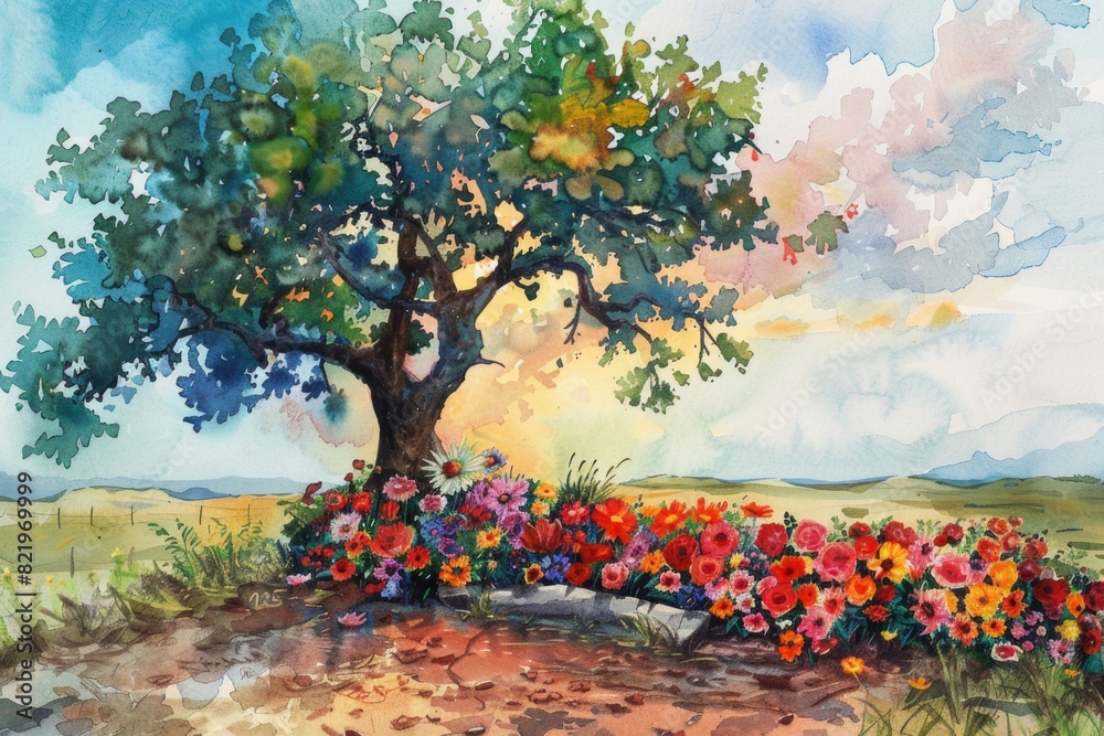 Wall mural Beautiful watercolor painting of a tree and flowers, perfect for nature-themed designs - Wall murals