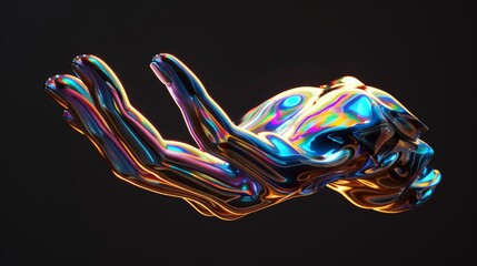 Holographic 3D abstract futuristic design concept. Hand gestures liquid metallic texture with black background.