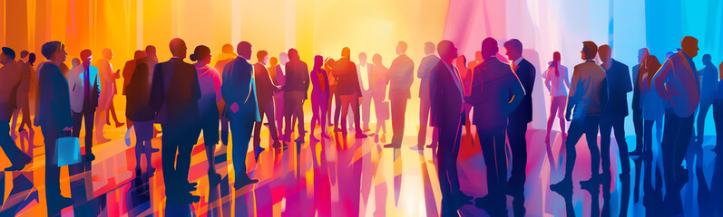 Business professionals networking at a conference, highresolution, vibrant colors, digital painting, detailed illustration, professional setting, dynamic interaction