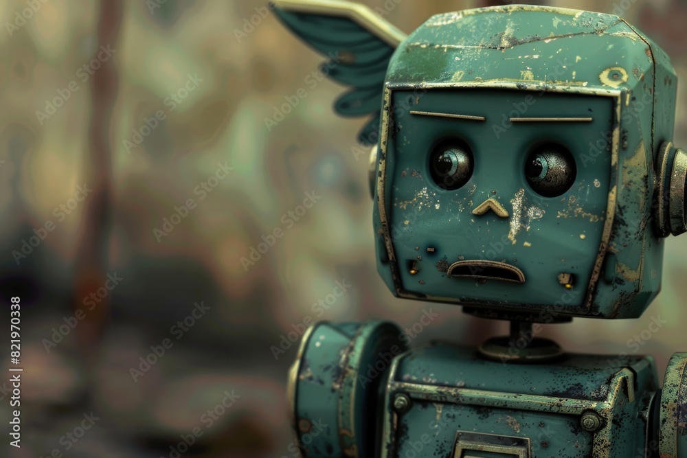 Poster A toy robot with a sad expression, suitable for various projects