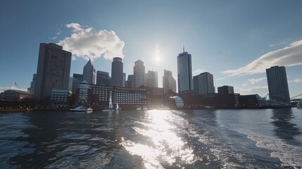 A scenic view of a city skyline from a boat on the water. Suitable for travel and tourism concepts