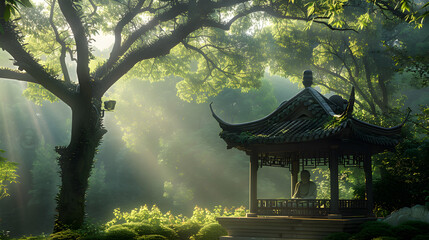 Tranquil Dawn: A Depiction of Serene Zhen Xiang Buddhism Enshrined in Nature's Bosom