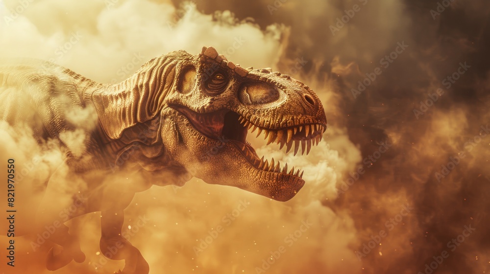 Poster a large dinosaur roaring with its mouth open in a cloud of smoke. suitable for educational materials