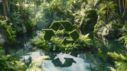 Naklejka premium Symbolization of recycling and reusing within a beautiful untouched jungle as a pond with recycling symbol. 3D rendering.