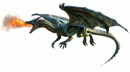 Fototapeta premium A 3D illustration of a flying green dragon or wyvern breathing fire downwards on a transparent background.