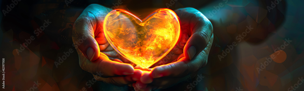 Wall mural Human hands holding a glowing heart, highresolution, vibrant colors, digital art, detailed illustration, compassionate theme, warm lighting