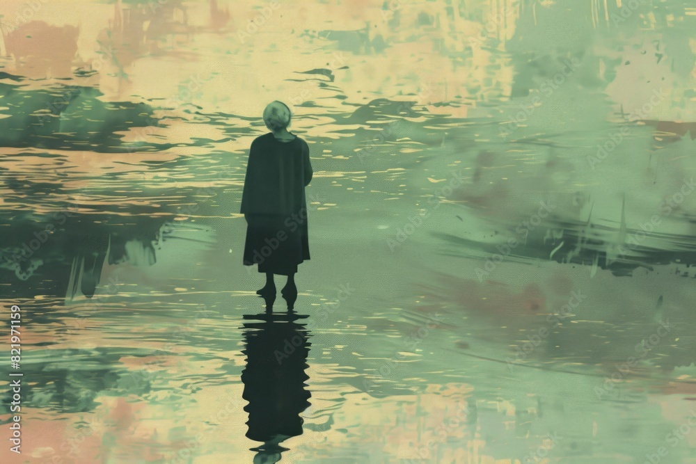Poster a person standing in a body of water, suitable for various design projects