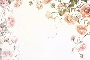 1. A delicate pastel rose pattern adorns the center of the image, set against a pristine white background. The roses are arranged in a soft, flowing design, surrounded by intricate vines that create
