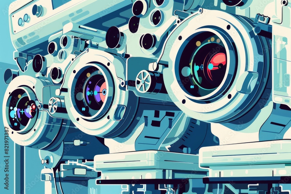 Poster a bunch of cameras stacked on top of each other. ideal for photography and technology concepts