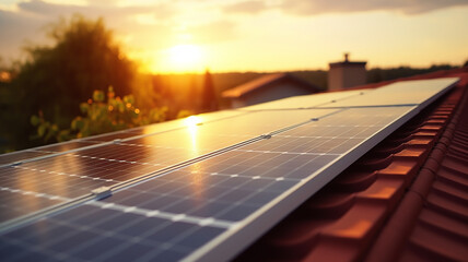 Solar batteries on the roof of the house on the background of sunset