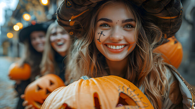 A group of friends in Halloween costumes, laughing and comparing their candy hauls under a streetlight, Bokeh