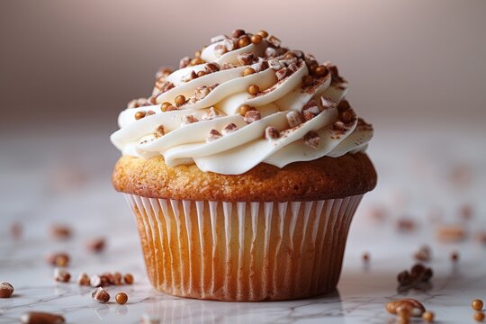 A delicious cupcake with colorful sprinkle placed on a gray floor white messy icing sugar and chocolate chip isolated on blurred background of a studio. - Powered by Adobe