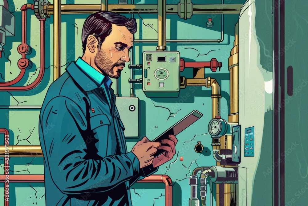 Poster a man standing in front of a wall with industrial pipes. suitable for construction and engineering p