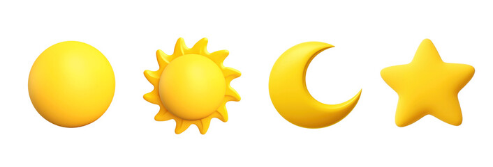 3d sun moon star png element set on transparent background