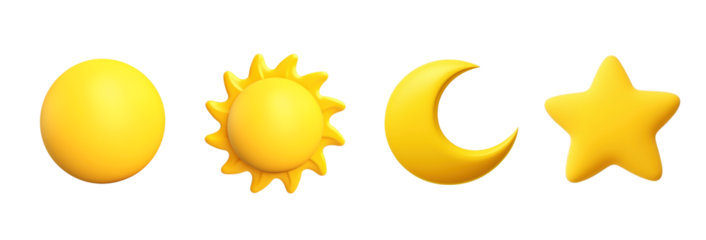 3d sun moon star png element set on transparent background