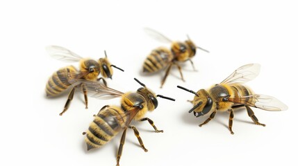A generative AI illustration of striped bees on a white background with transparent wings