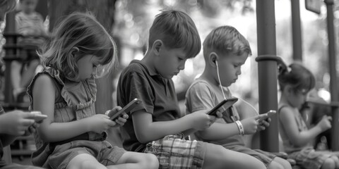 Group of children sitting on bench using cell phones. Perfect for illustrating technology addiction