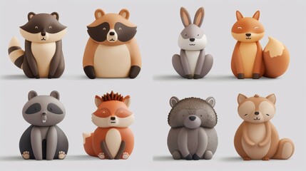 Bear, raccoon, fox, hare, squirrel, hedgehog and deer in 3D style. Isolated.
