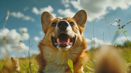 A brown and white dog sitting on top of a lush green field. Suitable for pet or nature themes