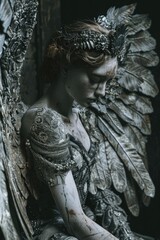 Detailed view of an angelic statue. Suitable for religious or memorial themes