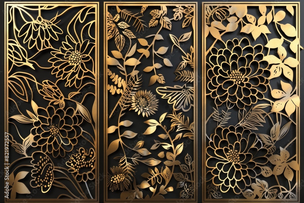 Poster elegant decorative screen with gold flowers and leaves. perfect for adding a touch of luxury to any 