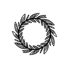 Frame of twigs with leaves. Simple round wreath, linear style. Floral border, decorative design element for logo, holiday decoration, invitation, wedding. Vector illustration of black color on white
