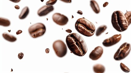 An isolated PNG background with flying coffee beans. Stock artificial intelligence.