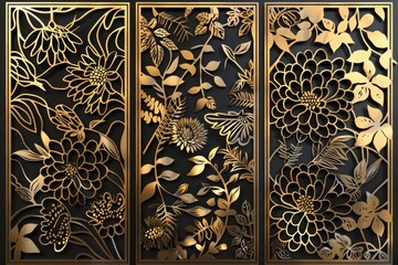 Elegant decorative screen with gold flowers and leaves. Perfect for adding a touch of luxury to any space