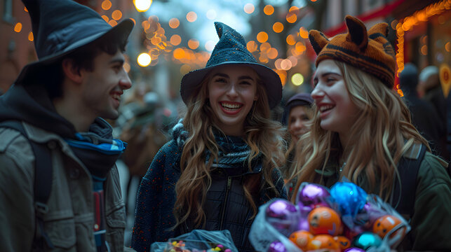 A group of friends in Halloween costumes, laughing and comparing their candy hauls under a streetlight, Bokeh