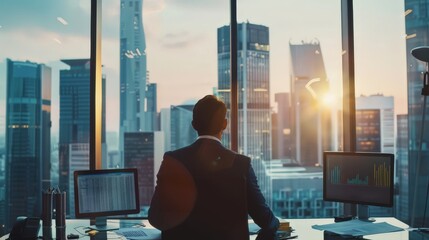 In a high-rise office, a businessman reviews financial reports and strategic plans. His dedication and vision inspire his team to achieve new heights in the competitive business world.