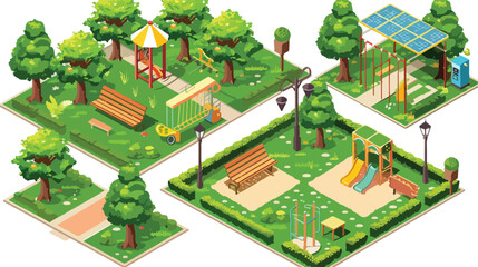 Park isometric set of four with green trees grass pla