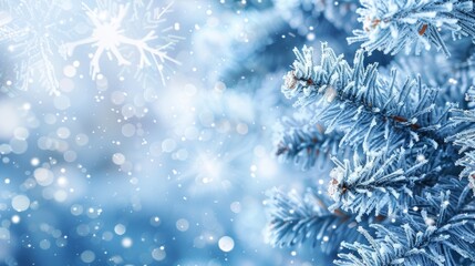 A close-up of a snow-covered pine branch with a blurred background of falling snow and bokeh lights.