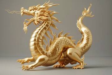 Fototapeta premium A majestic golden dragon statue on a neutral gray background. Ideal for fantasy-themed designs