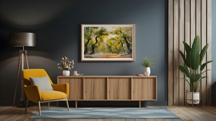 A painting of trees in a forest, with a wooden cabinet in the foreground. Perfect home interior decor.
