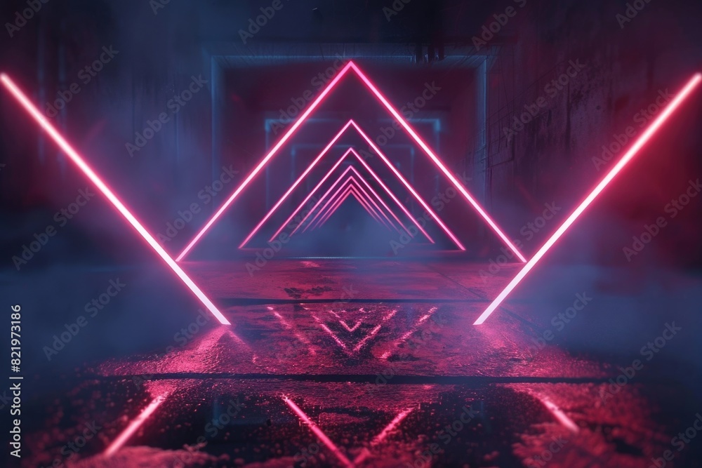 Poster a vibrant red neon triangle glowing in a dark room. perfect for abstract backgrounds
