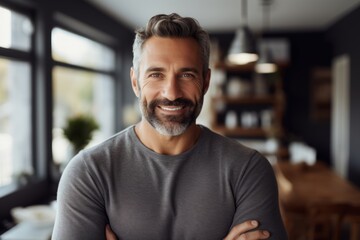Obraz premium Portrait of a blissful man in his 40s smiling at the camera isolated in scandinavian-style interior background
