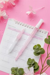 Pink background with notepad, pen, and flowers. Ideal for stationary or office themed designs