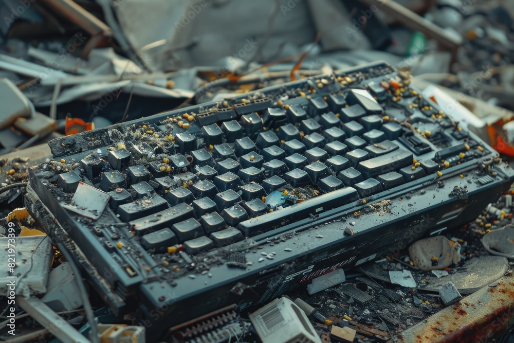 Leinwandbilder a computer keyboard on a pile of rubble. suitable for technology or disaster concept