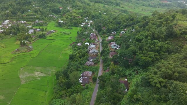 Aerial view of lush rice fields, village, and mountains in Ruteng, Flores, Indonesia.