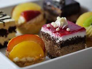 Closeup of a box of cake pieces