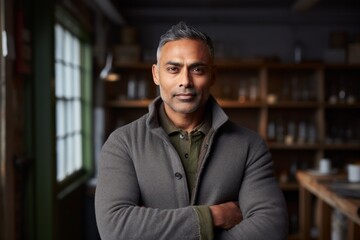 Fototapeta premium Portrait of a content indian man in his 40s with arms crossed isolated on scandinavian-style interior background