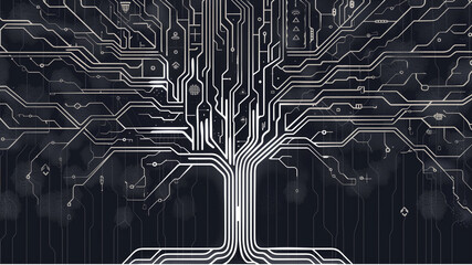 a tree with various electrical plugs and sockets leaves transitioning into a pattern resembling circuit board traces or wires, which end in USB plugs and representing the idea of a tech ecosystem