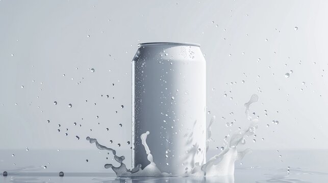 An aluminum 280 ml soda can mockup in white with drops splashed on top