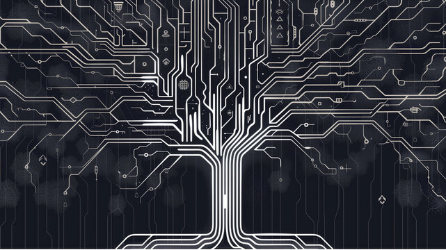 a tree with various electrical plugs and sockets leaves transitioning into a pattern resembling circuit board traces or wires, which end in USB plugs and representing the idea of a tech ecosystem