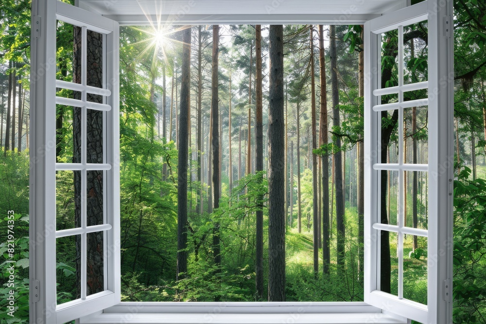 Poster A view of a forest through an open window. Suitable for nature themes