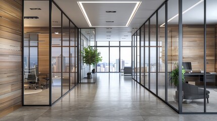 An interior of a modern office with a corridor, a glass partition, wooden walls, furniture, and a...